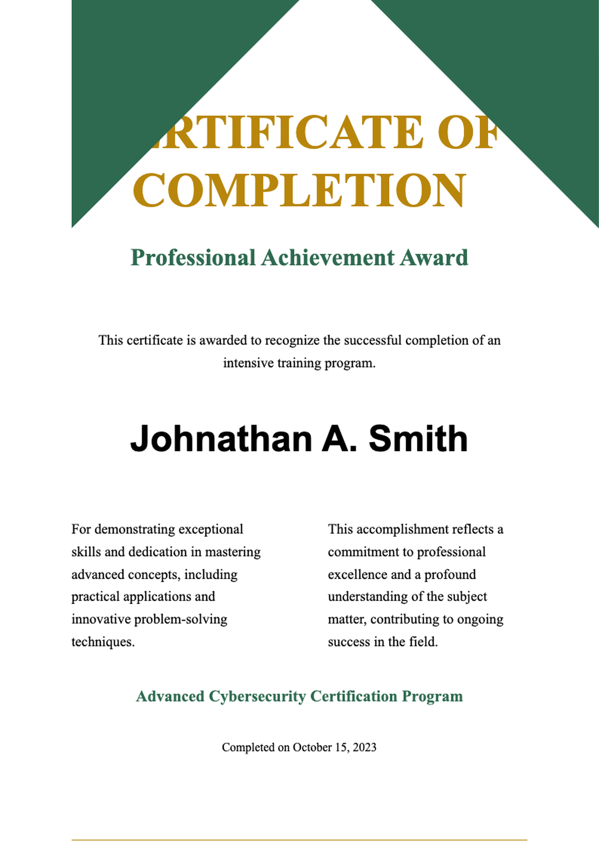 Elegant certificate of completion for online course developer with green accents and gold text_variant_1